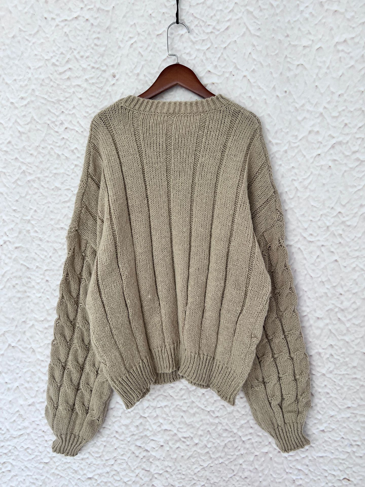 Slouchy Cable Knit Crew Neck Chunky Sweater - Khaki - 1