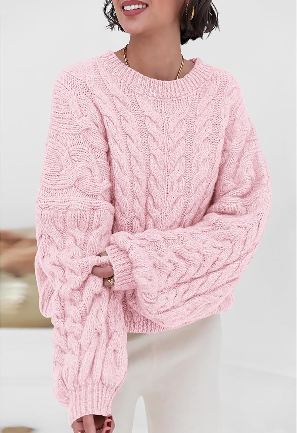 Slouchy Cable Knit Crew Neck Chunky Sweater - Pink
