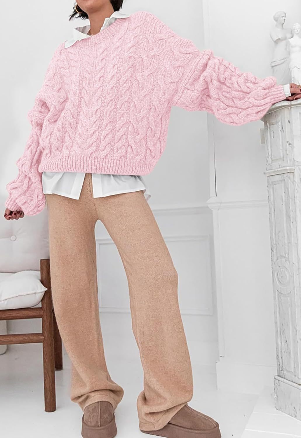 Slouchy Cable Knit Crew Neck Chunky Sweater - Pink - 1