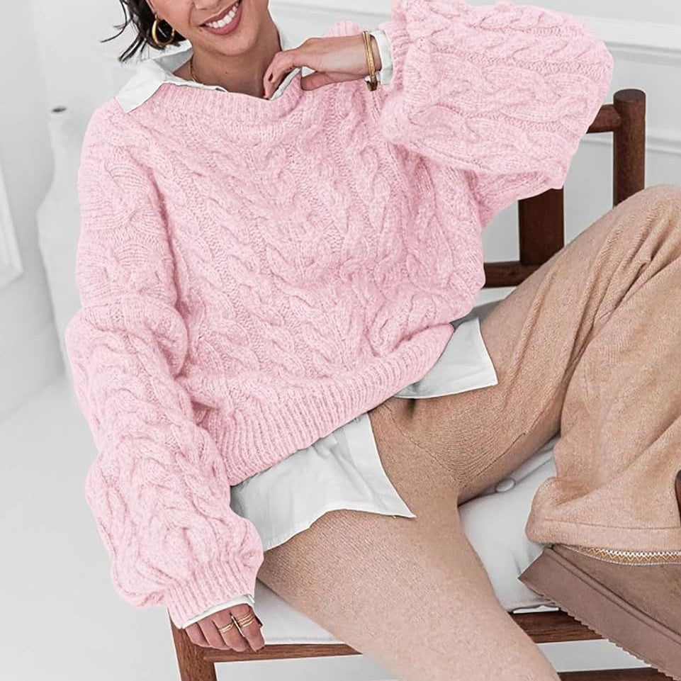 Slouchy Cable Knit Crew Neck Chunky Sweater - Pink - 2
