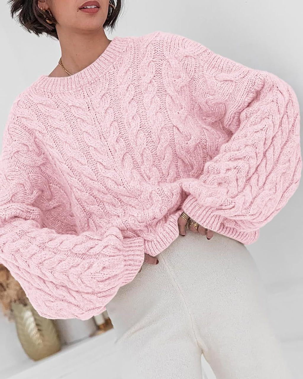 Slouchy Cable Knit Crew Neck Chunky Sweater - Pink - 3