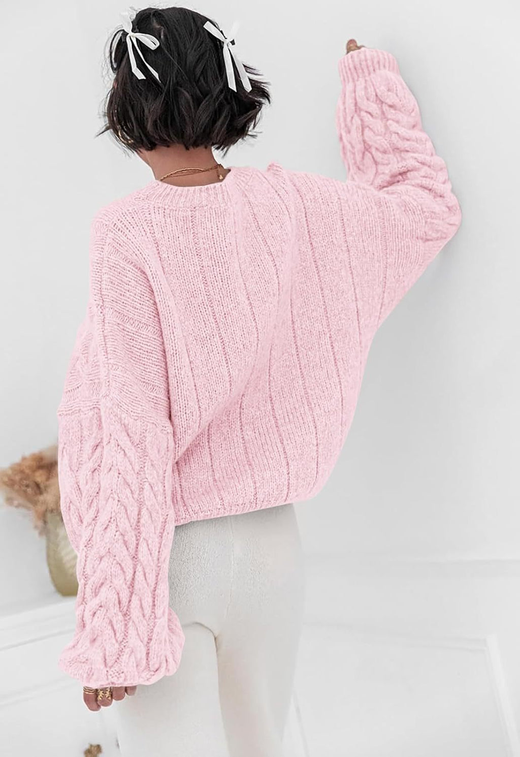 Slouchy Cable Knit Crew Neck Chunky Sweater - Pink - 4