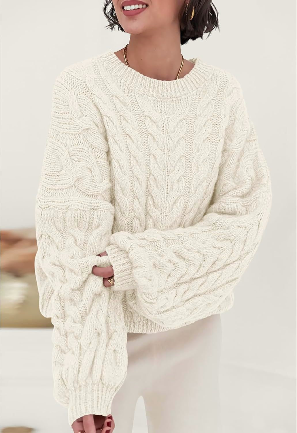 Slouchy Cable Knit Crew Neck Chunky Sweater - White