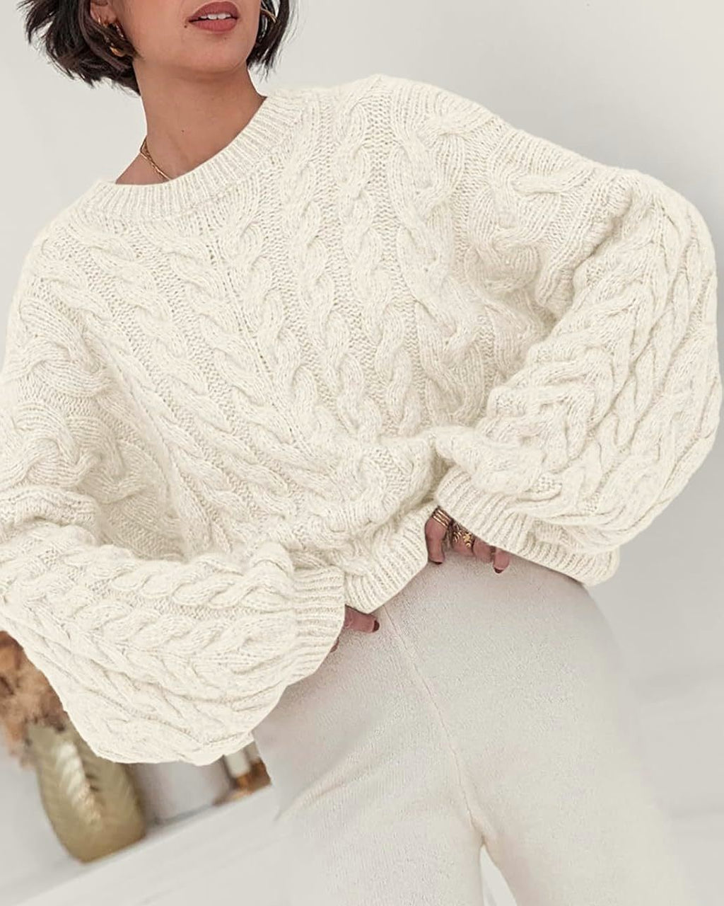 Slouchy Cable Knit Crew Neck Chunky Sweater - White - 1