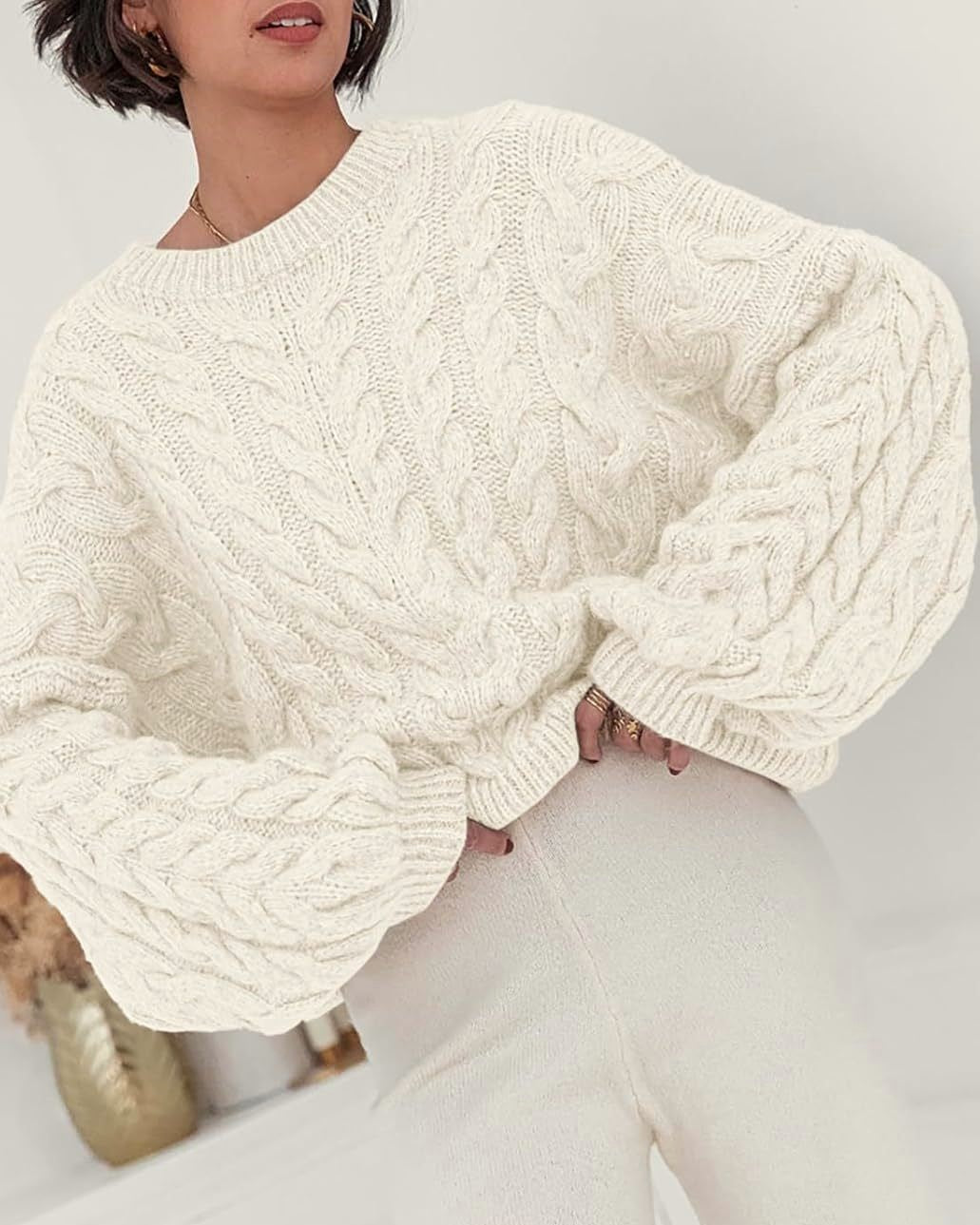 Slouchy Cable Knit Crew Neck Chunky Sweater - White - 1
