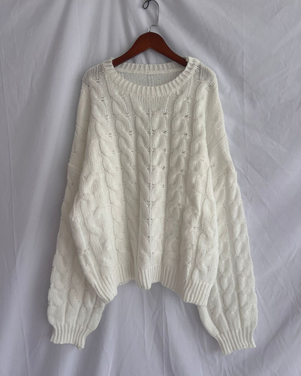 Slouchy Cable Knit Crew Neck Chunky Sweater - White - 2