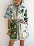Ocean Print Belted Shirt Dress - Decor