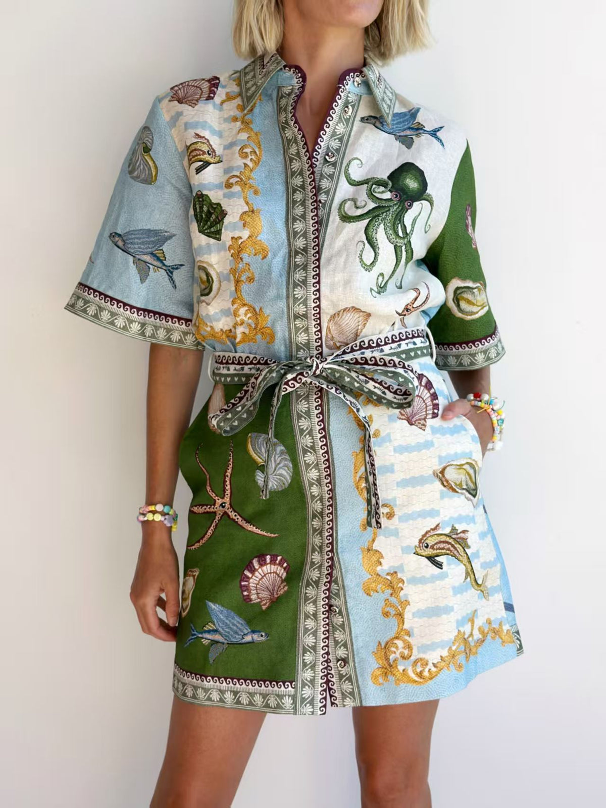Ocean Print Belted Shirt Dress - Decor
