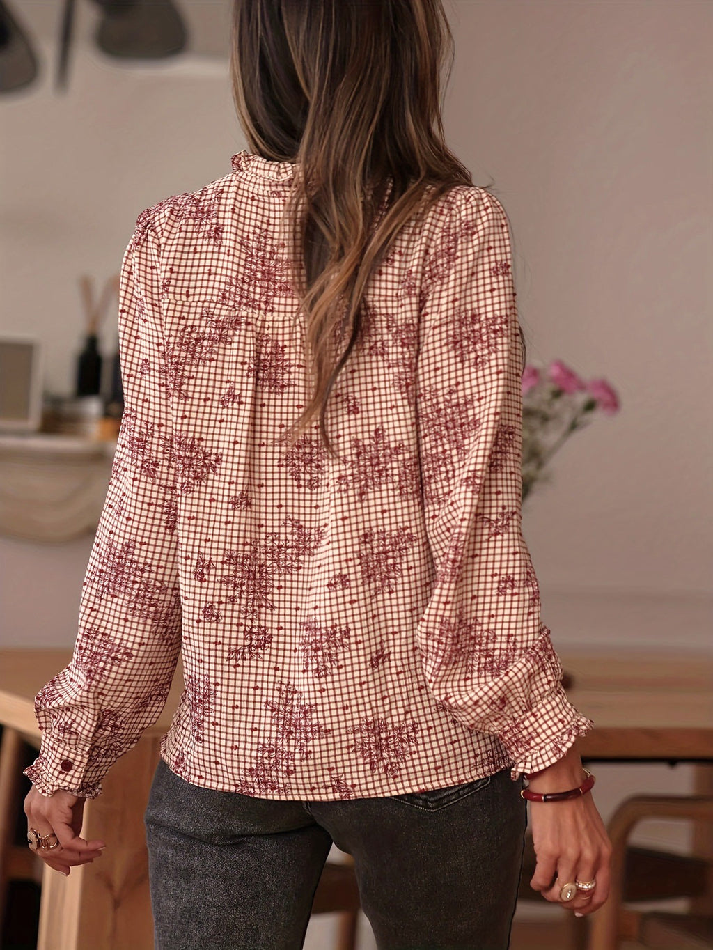 Vintage Floral Grid Print Ruffle Placket Blouse - Floral - 3