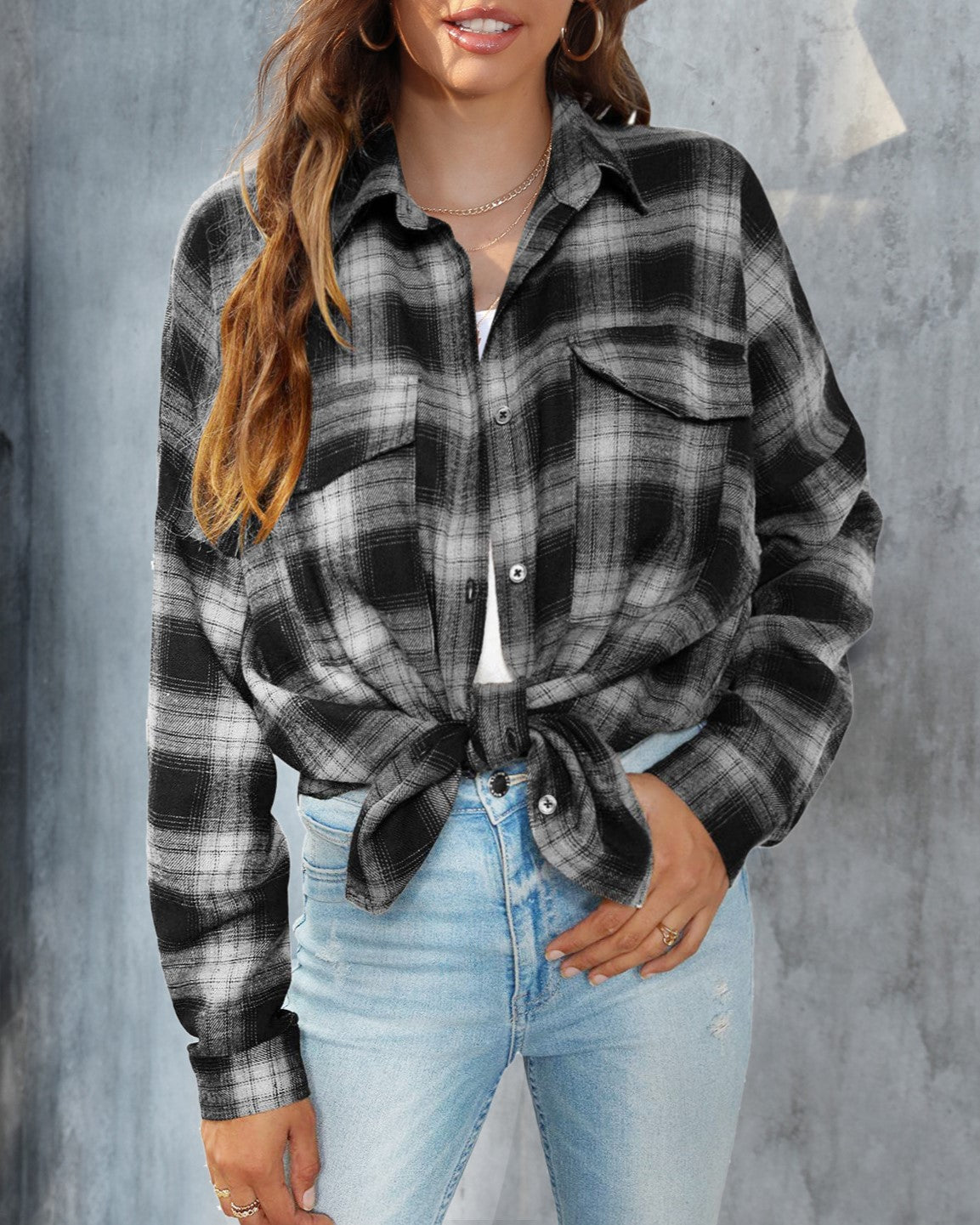 Brushed Plaid Flannel Button Down Shirt - Black