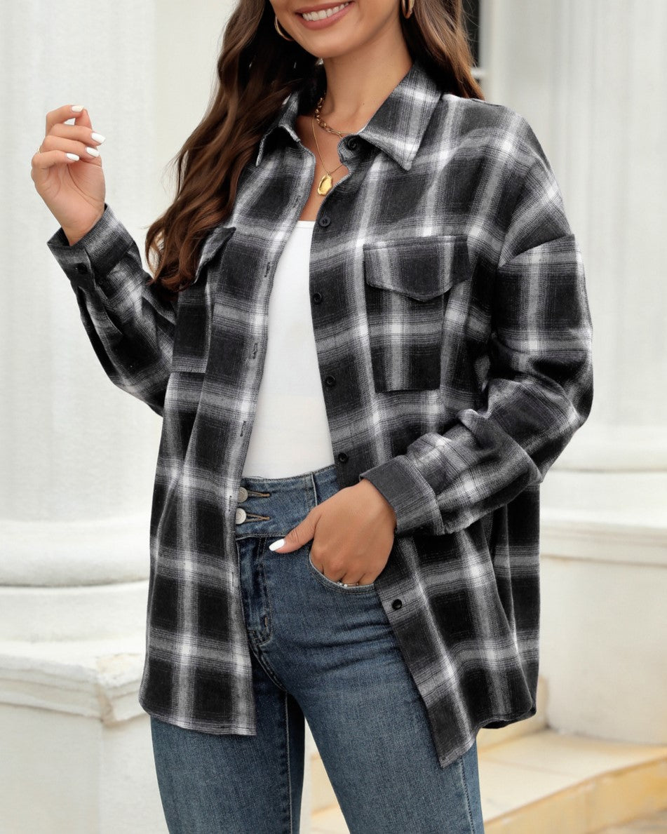 Brushed Plaid Flannel Button Down Shirt - Black - 1