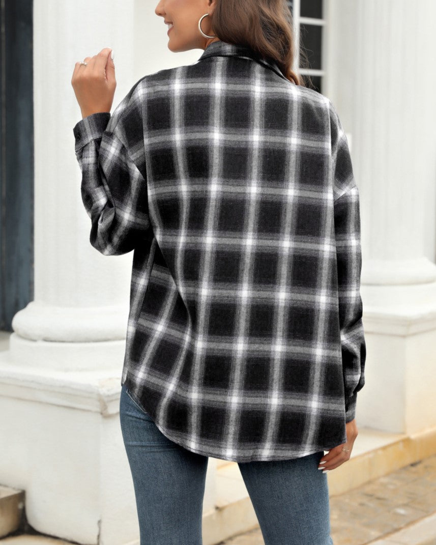 Brushed Plaid Flannel Button Down Shirt - Black - 2