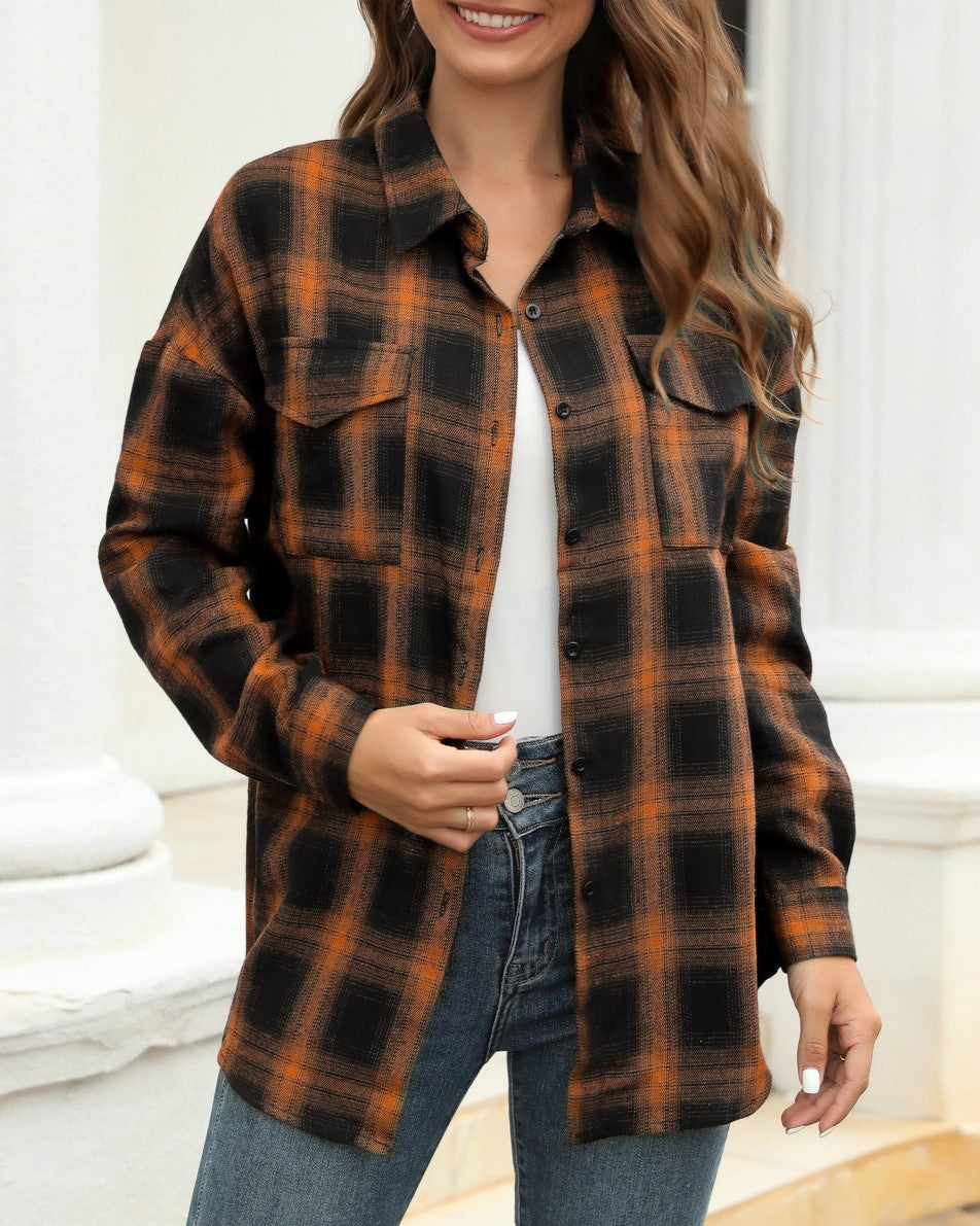 Brushed Plaid Flannel Button Down Shirt - DarkBrown - 1