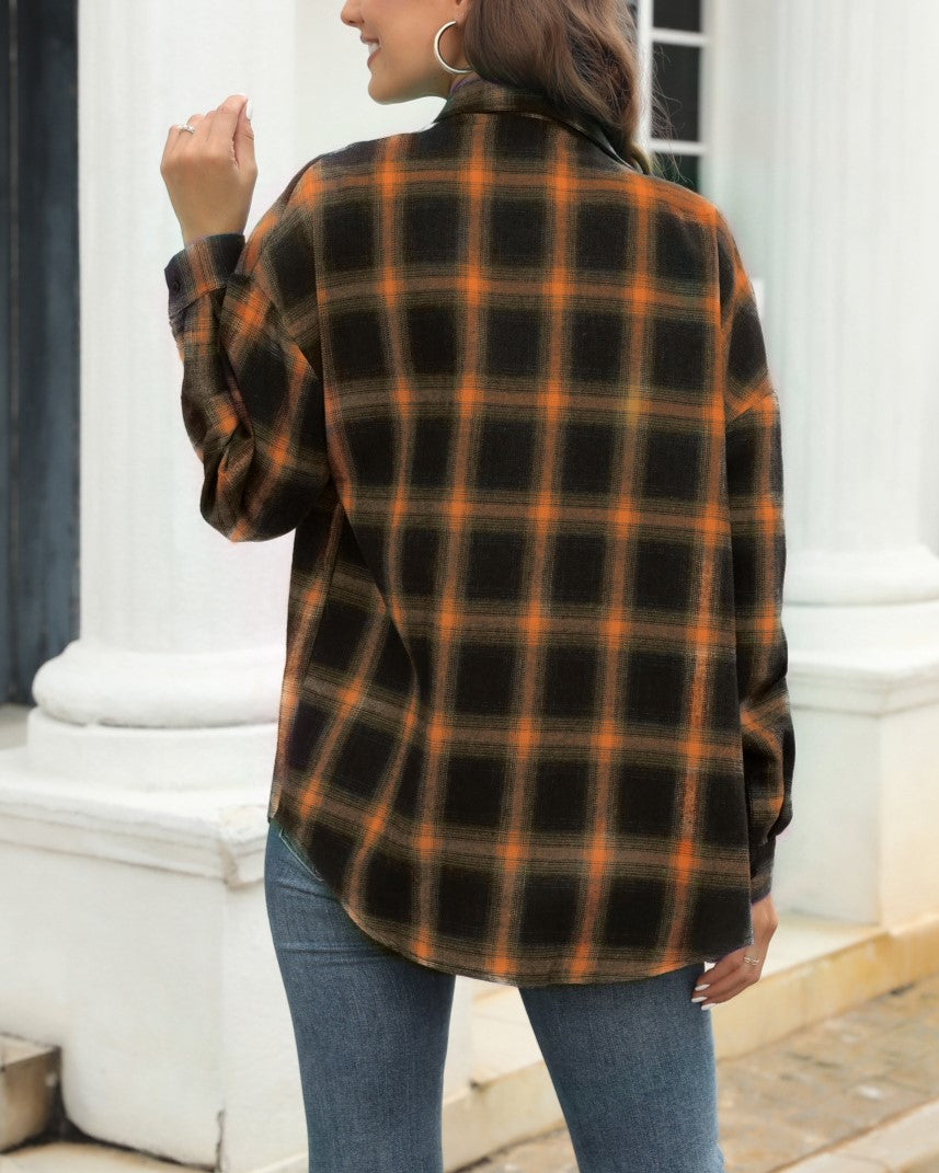 Brushed Plaid Flannel Button Down Shirt - DarkBrown - 3