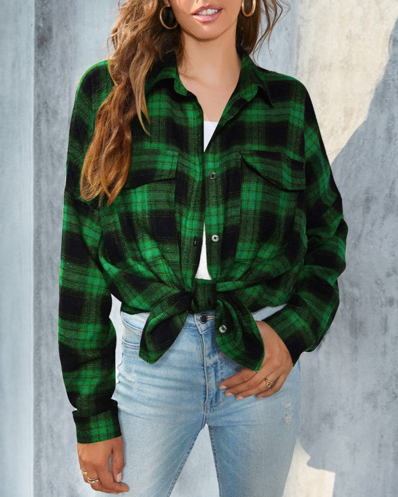 Brushed Plaid Flannel Button Down Shirt - Green