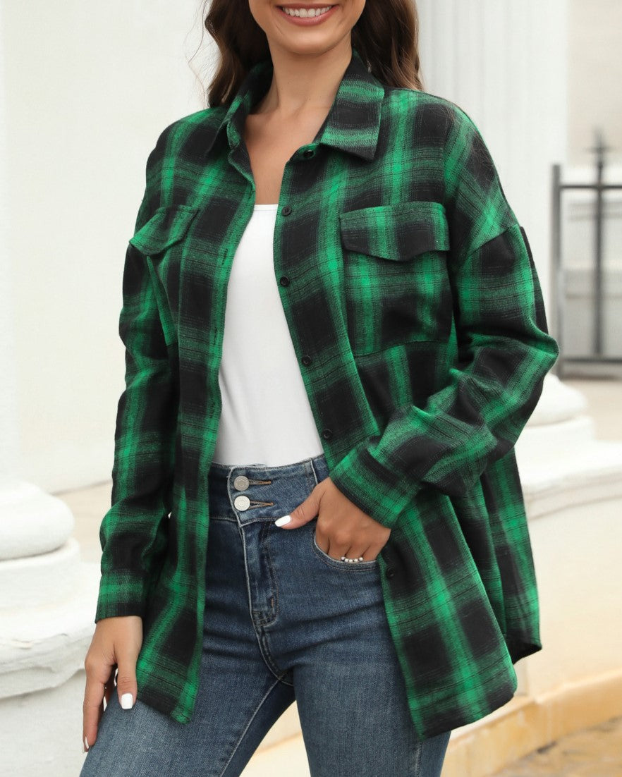 Brushed Plaid Flannel Button Down Shirt - Green - 3