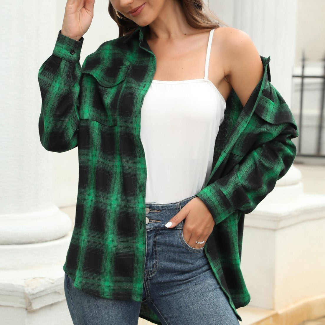 Brushed Plaid Flannel Button Down Shirt - Green - 4