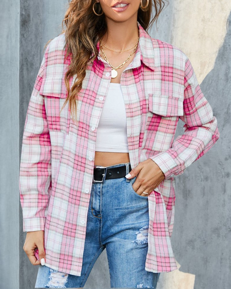 Brushed Plaid Flannel Button Down Shirt - Pink
