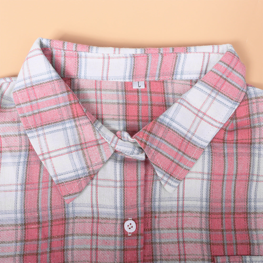 Brushed Plaid Flannel Button Down Shirt - Pink - 3