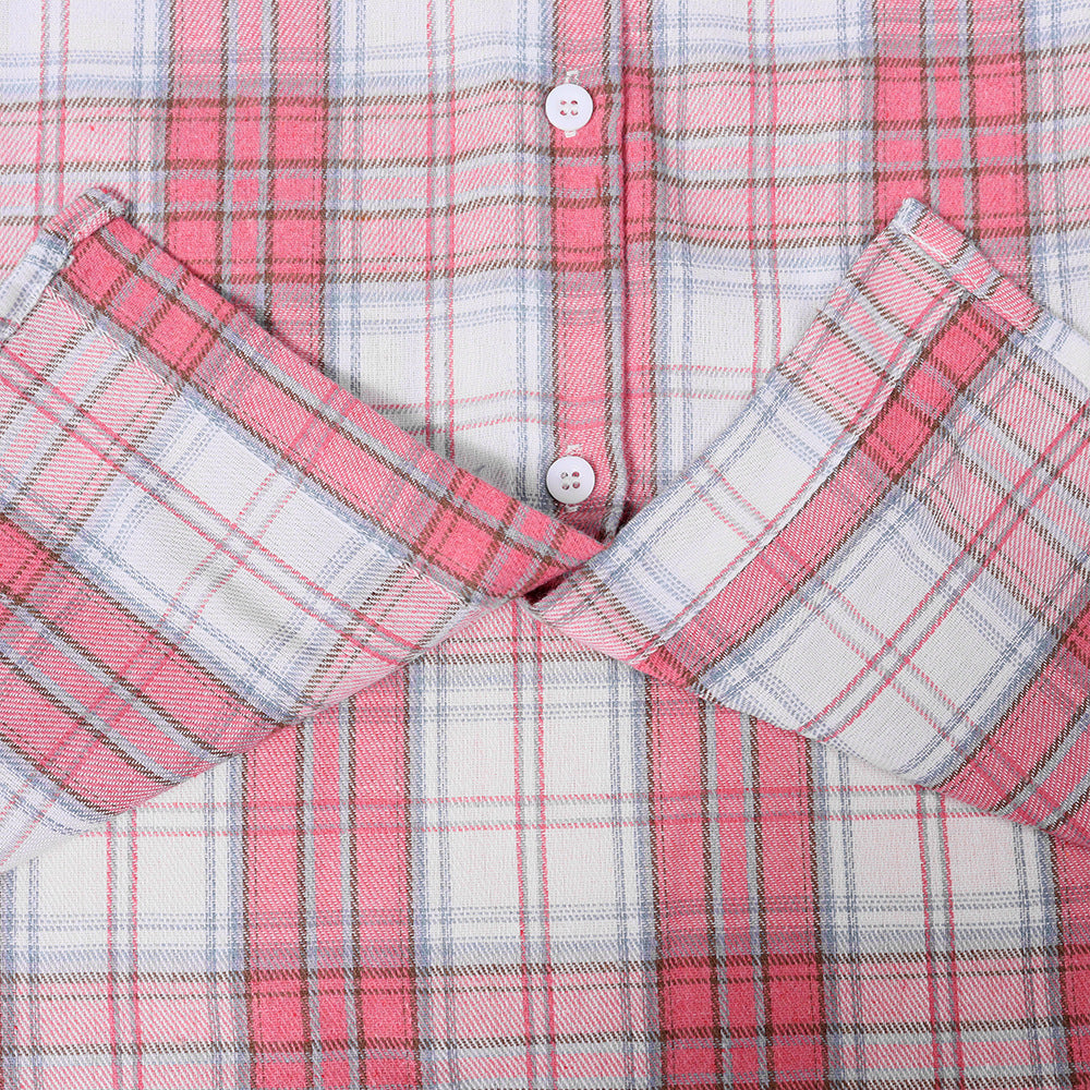 Brushed Plaid Flannel Button Down Shirt - Pink - 5
