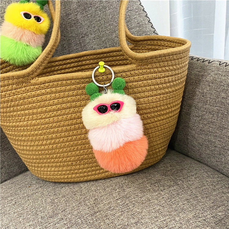 Fuzzy Caterpillar Plush Keychain Charm - Beige
