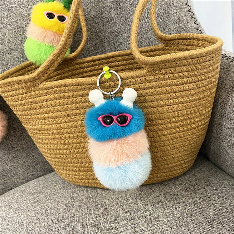 Fuzzy Caterpillar Plush Keychain Charm - Darkblue