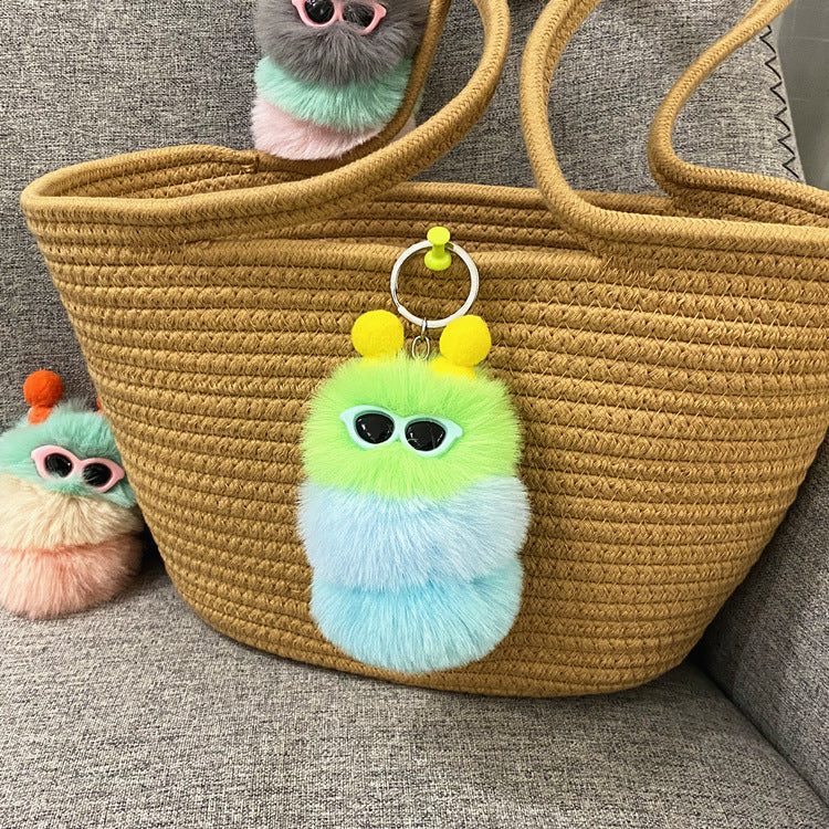 Fuzzy Caterpillar Plush Keychain Charm - Green-B