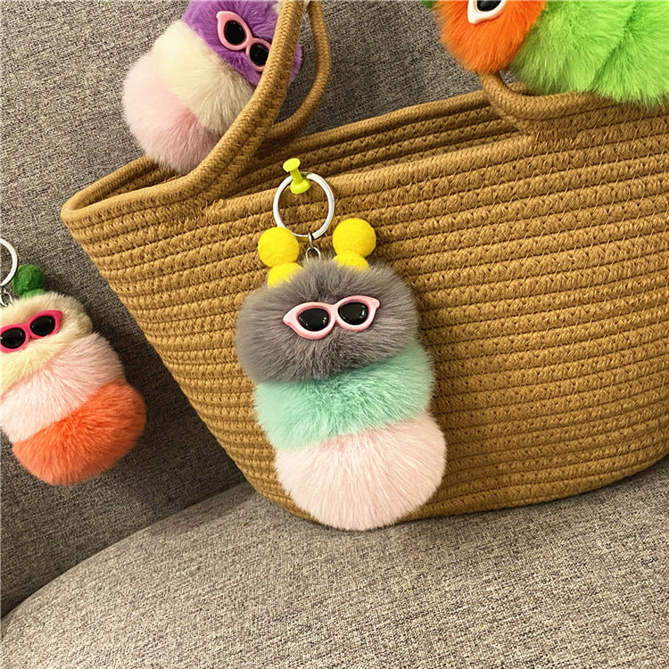 Fuzzy Caterpillar Plush Keychain Charm - Grey