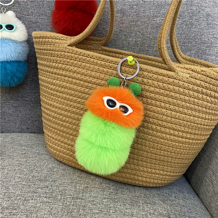 Fuzzy Caterpillar Plush Keychain Charm - Orange