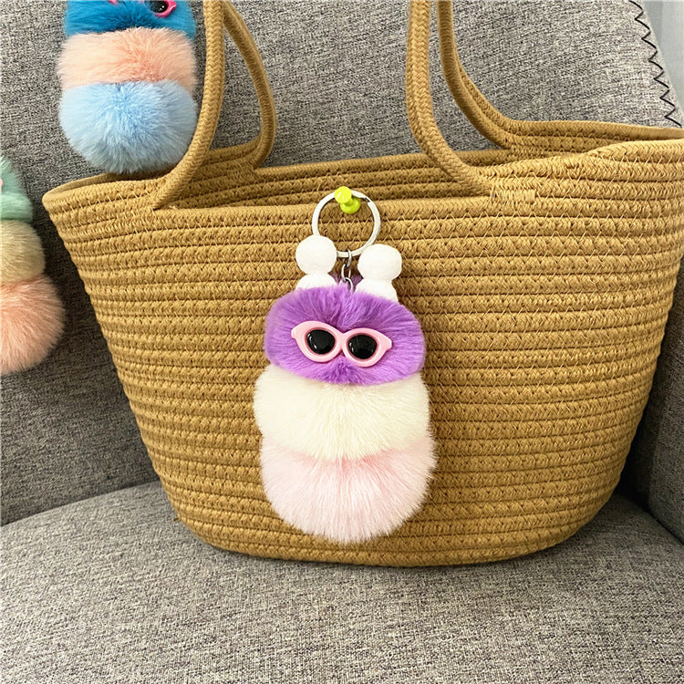 Fuzzy Caterpillar Plush Keychain Charm - Purple