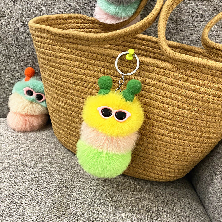 Fuzzy Caterpillar Plush Keychain Charm - Yellow