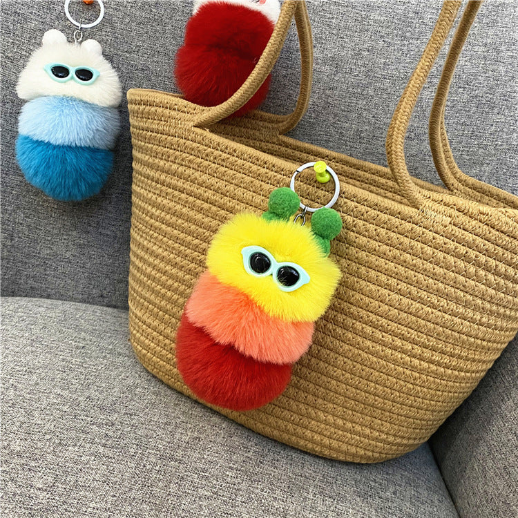 Fuzzy Caterpillar Plush Keychain Charm - Yellow-R