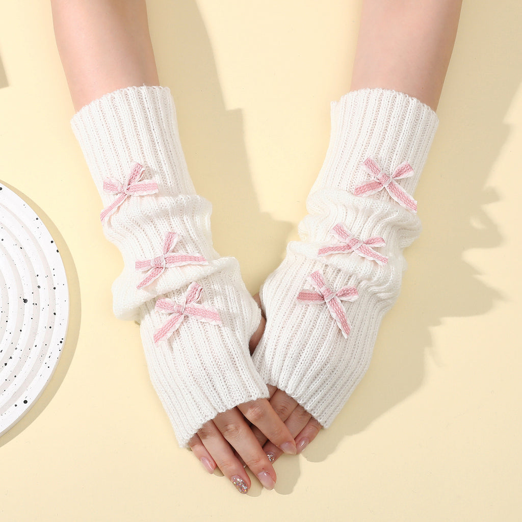 Ribbon Bow Ribbed Fingerless Arm Warmers - Color_02