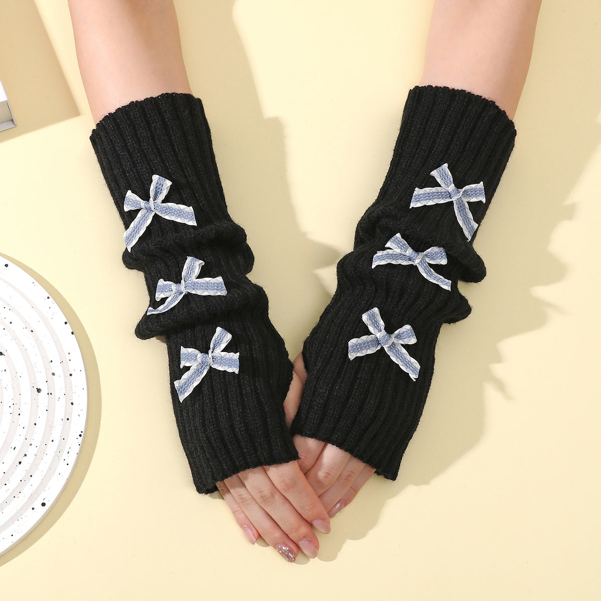 Ribbon Bow Ribbed Fingerless Arm Warmers - Color_03