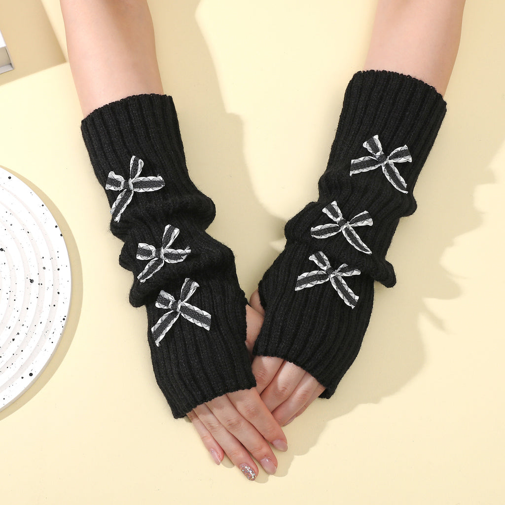 Ribbon Bow Ribbed Fingerless Arm Warmers - Color_07