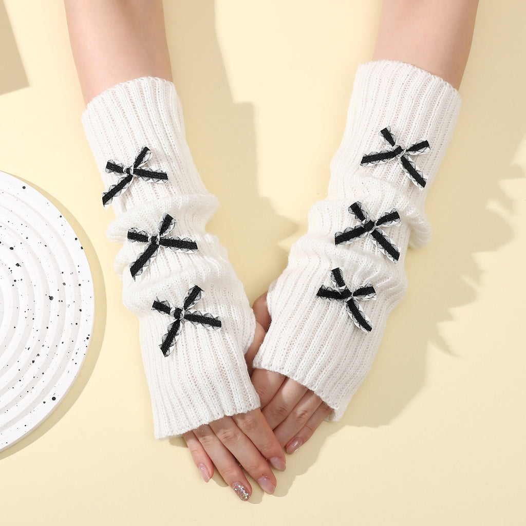 Ribbon Bow Ribbed Fingerless Arm Warmers - Color_08
