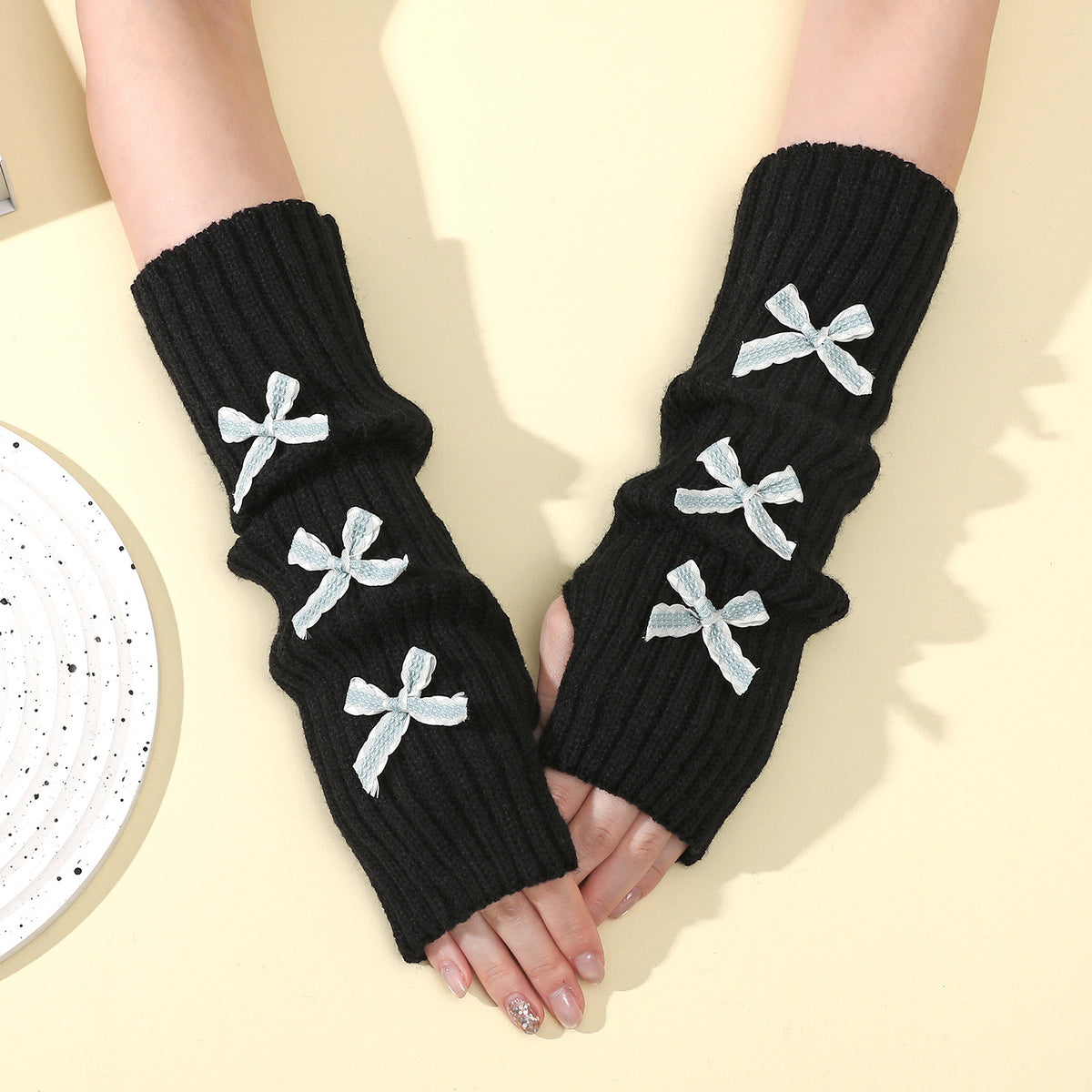 Ribbon Bow Ribbed Fingerless Arm Warmers - Color_09