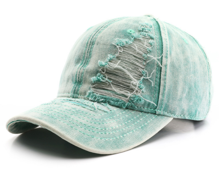 Distressed Washed Denim Baseball Cap - Green