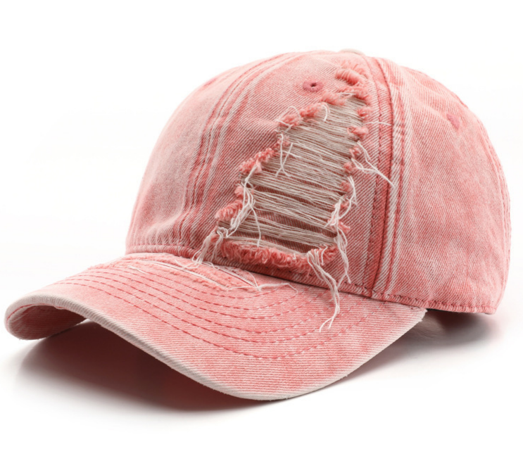 Distressed Washed Denim Baseball Cap - Pink