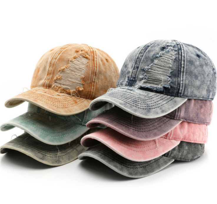 Distressed Washed Denim Baseball Cap - black