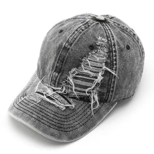 Distressed Washed Denim Baseball Cap - black - 1