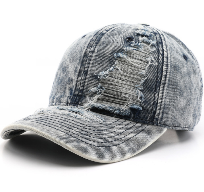 Distressed Washed Denim Baseball Cap - blue