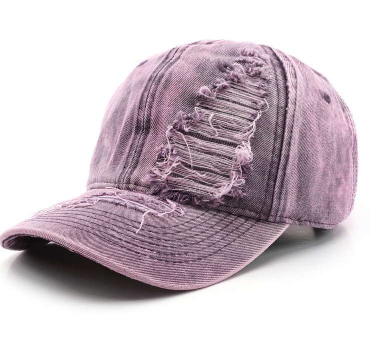 Distressed Washed Denim Baseball Cap - purple