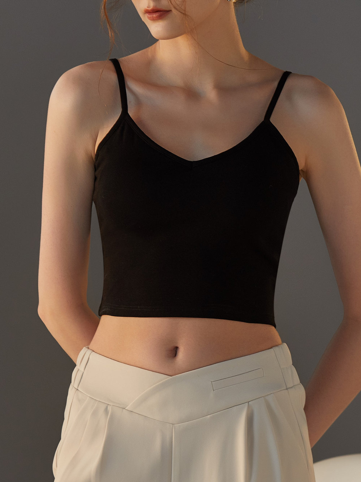 Crisscross Back Cropped Cami With Bra Cups - Black - 2