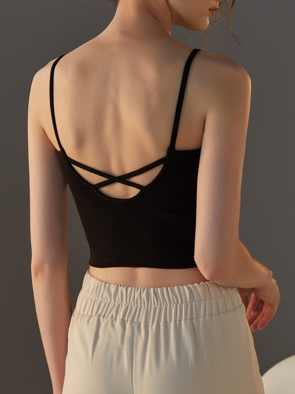 Crisscross Back Cropped Cami With Bra Cups - Black - 3