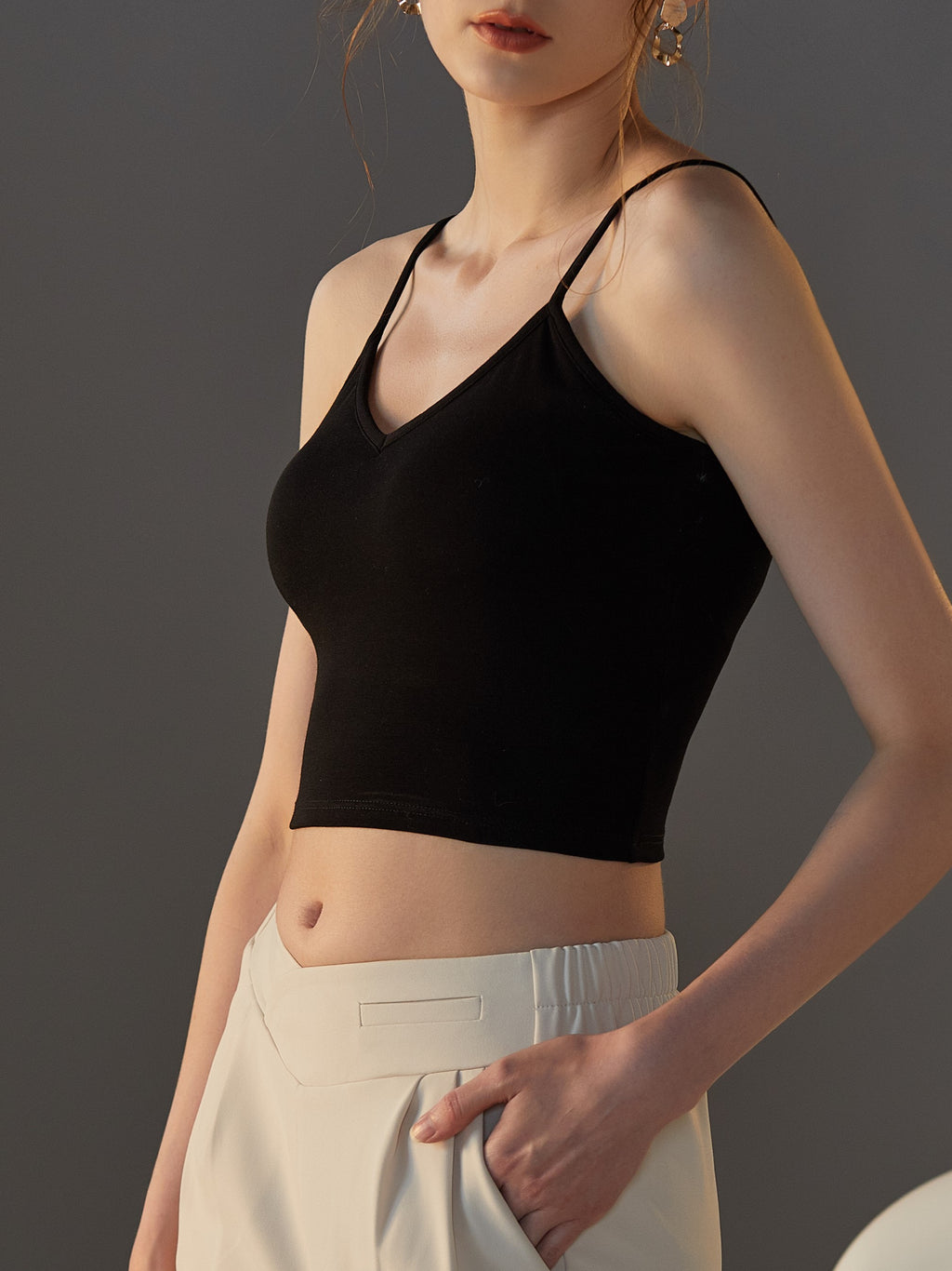 Crisscross Back Cropped Cami With Bra Cups - Black - 4