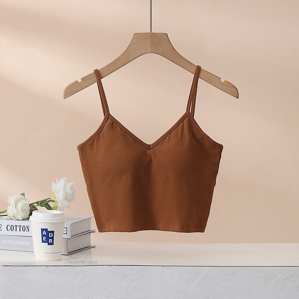 Crisscross Back Cropped Cami With Bra Cups - Caramel