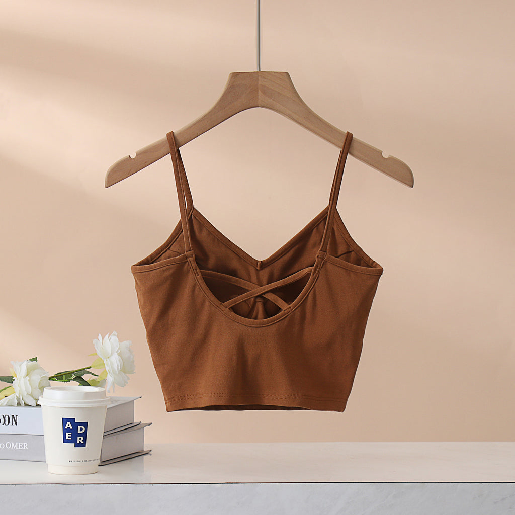 Crisscross Back Cropped Cami With Bra Cups - Caramel - 1