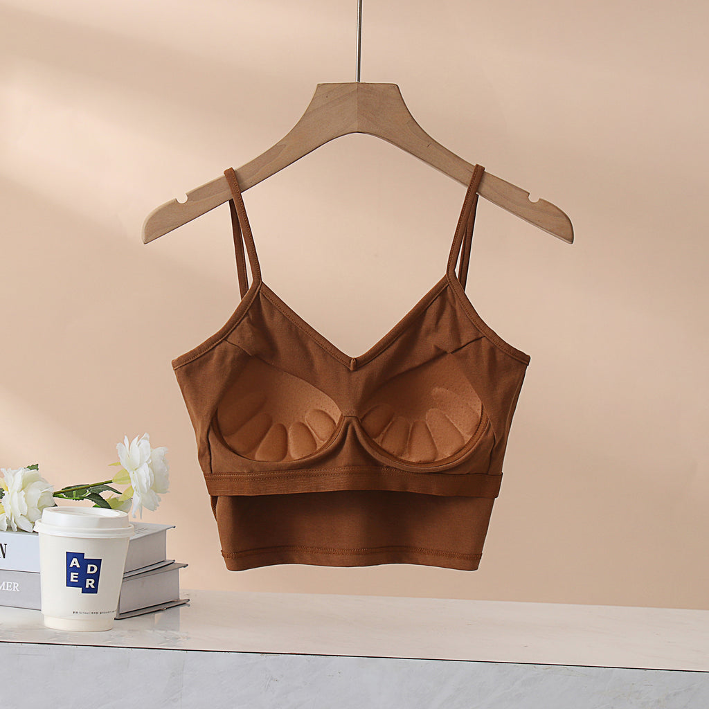 Crisscross Back Cropped Cami With Bra Cups - Caramel - 2