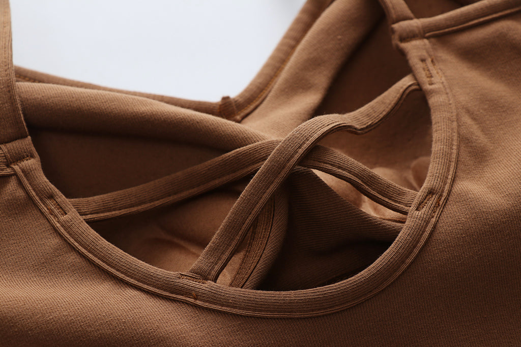 Crisscross Back Cropped Cami With Bra Cups - Caramel - 9